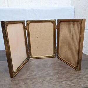 Vintage 70sGold Triple Folding Picture Frame Ornate Hinged Triptych 5x7 Portrait